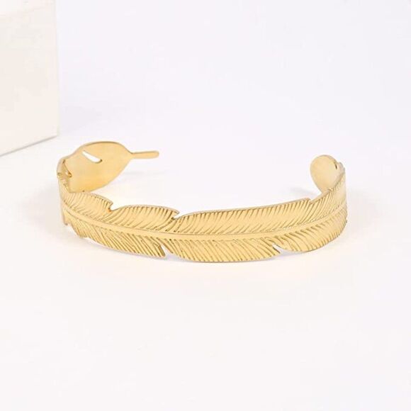 Feather Cuff Bangle Bracelet in Gold - Picture 6 of 12